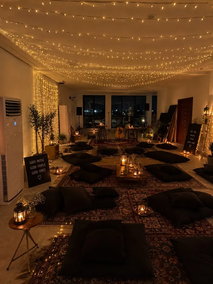 Indoor floor seating with cushions under strings of warm fairy lights